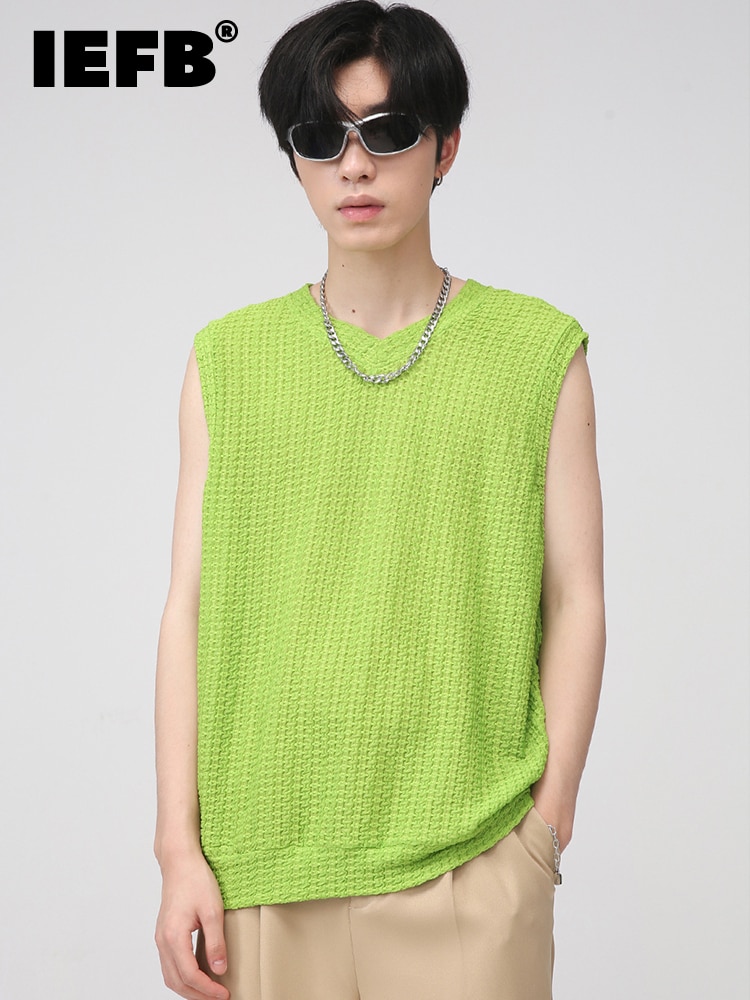 IEFB Men&s Vest Summer New Korean Fashion Simple Personality V-neck Knitted 2022 Round Neck Solid Colid Color Male Tops 9A4448